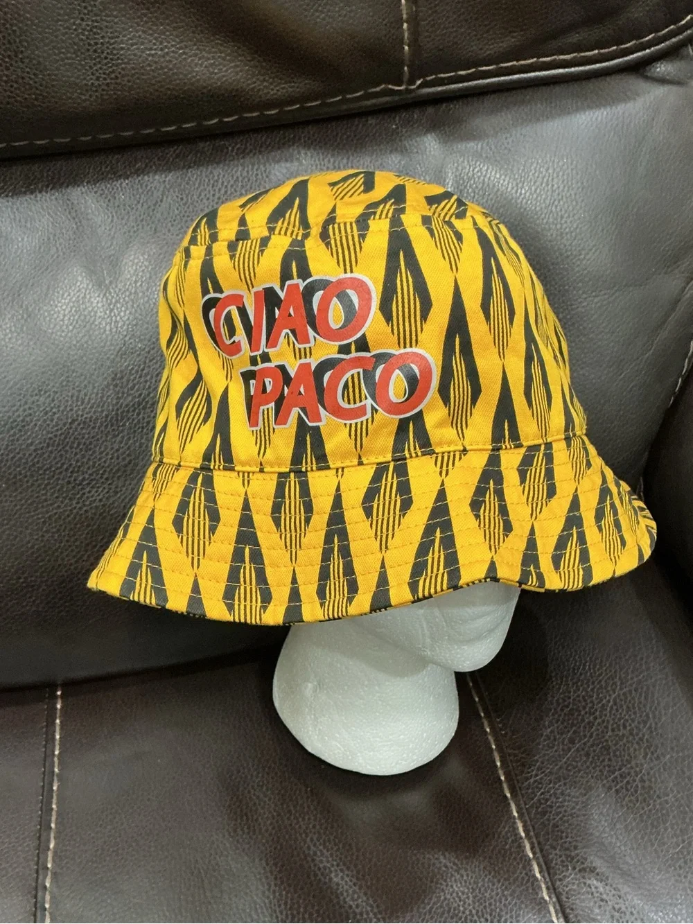 Paco Rabanne ‘CIAO PACO’ Yellow and Black Patterned Bucket Hat